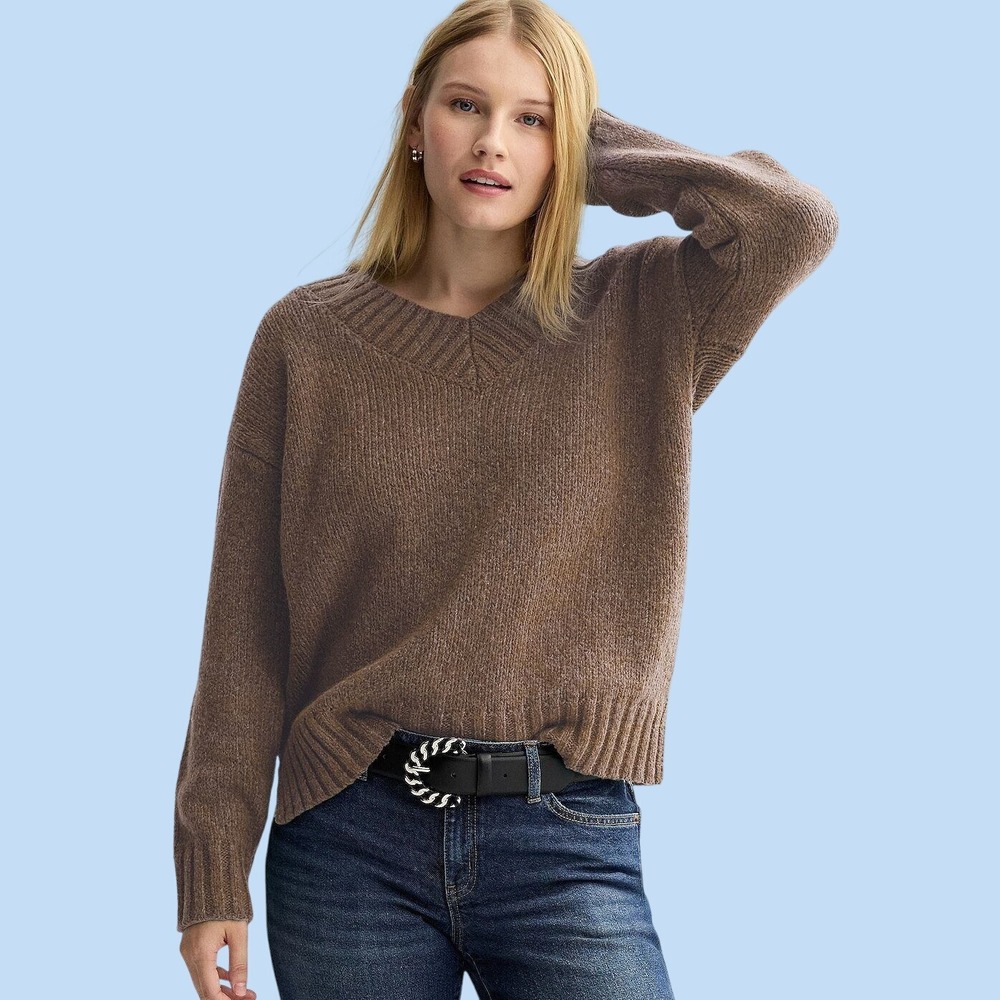Pink Republic Womens Sweater M Brn V-Neck Marled Knit Fishermans Preppy Capsule